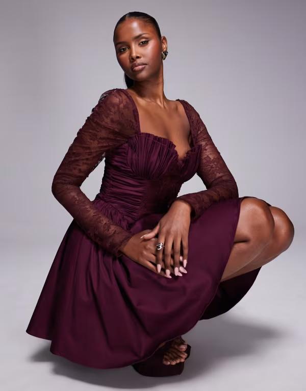 エイソス レディース トップス ワンピース フリル裾 フリル ミニ シアー レース ASOS DESIGN structured ruffle hemini dress with gathered sheer lace sleeves in mulberry