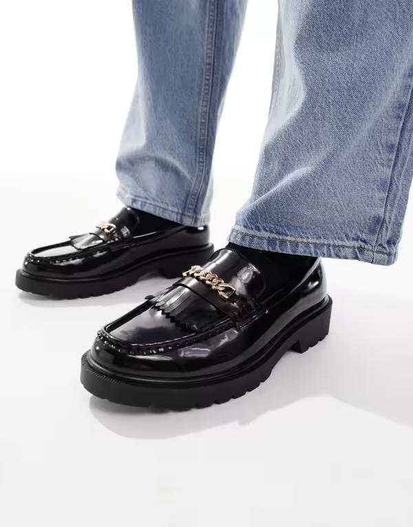 エイソス メンズ シューズ スリッポン・ローファー ASOS DESIGN loafers with gold chain Black ブラック