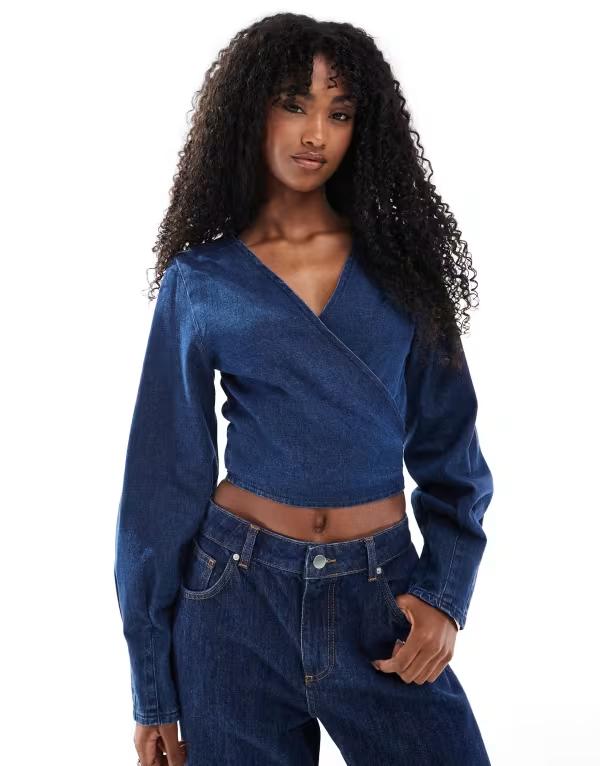 エイソス レディース トップス シャツ デニム ASOS DESIGN denim long sleeve wrap top with pleat cuff detail in rinse デニム