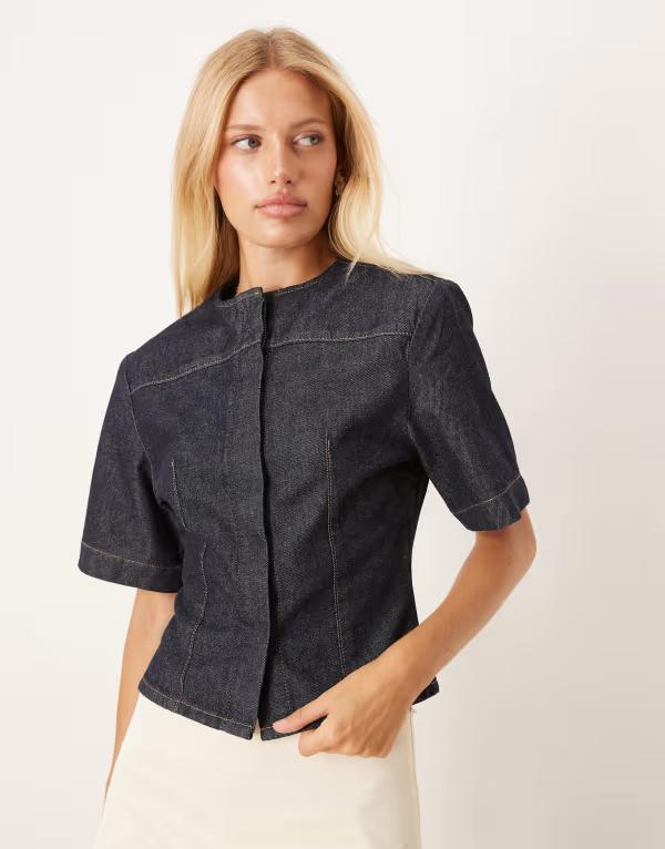 エイソス レディース トップス シャツ デニム ASOS DESIGN denim collarlesshort sleeve top indigo INDIGO インディゴ