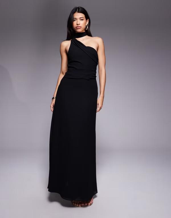 ティエフエヌシー レディース トップス ワンピース ワンショルダー マキシ TFNC one-shoulder scarf neck maxi dress Black ブラック
