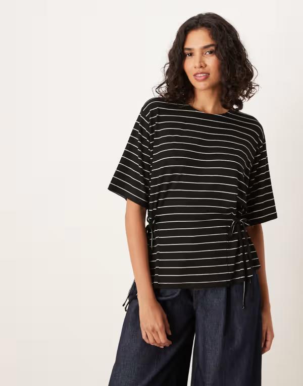 エイソス レディース トップス シャツ ASOS DESIGN striped short sleeve cinched tie sidetail T-shirt Black ブラック