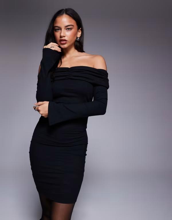 エイソス レディース トップス ワンピース リブ ミニ ASOS DESIGN ribbed twisted off the shoulder mini dress Black ブラック｜ReVida 店