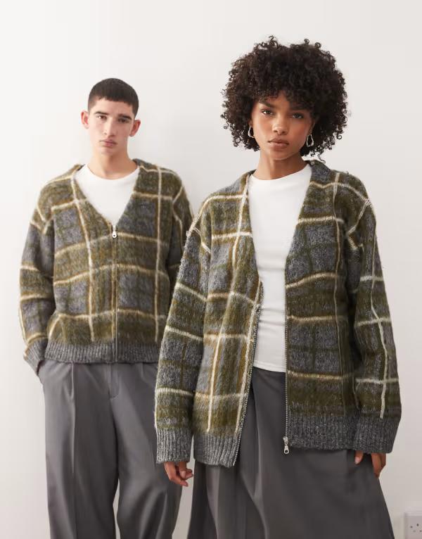 ザラグドプリースト レディース アウター カーディガン ニット The Ragged Priest Unisex fuzzy knit cardigan plaid GREEN グリーン