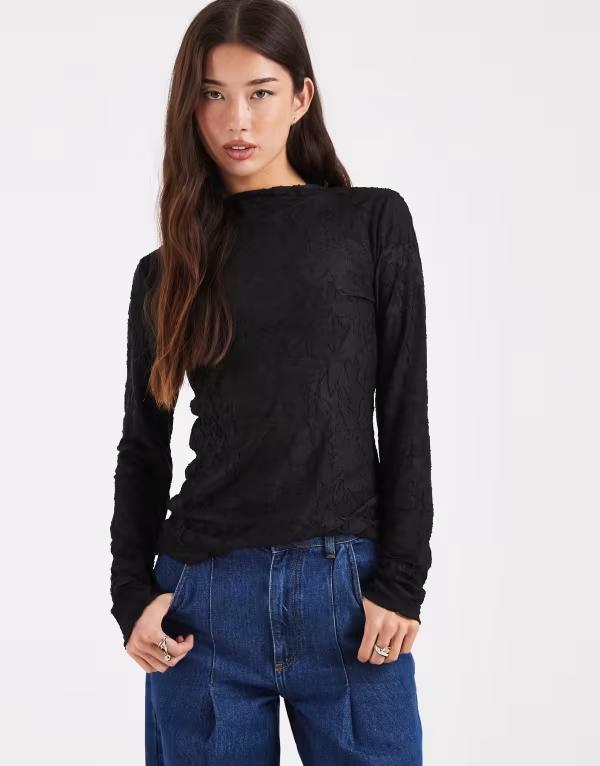ヴェロモーダ レディース トップス Tシャツ フラワー柄 シアー フラワー Vero Moda sheer floral burnout long sleeve top Black ブラック
