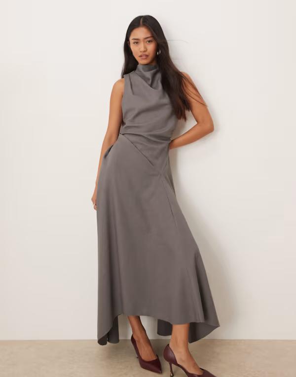 エイソス レディース トップス 衣装 ハイネック ドレープ マキシ ASOS DESIGN draped high neck hanky hemaxi dress CHARCOAL 濃灰色