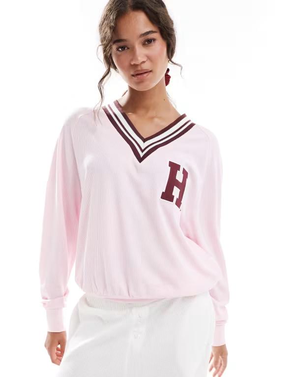 コットンオン レディース アウター パーカー・スウェット Vネック セーター ニット Cotton sleep waffle knit v-neck sweater in blushing bride Blushing bride