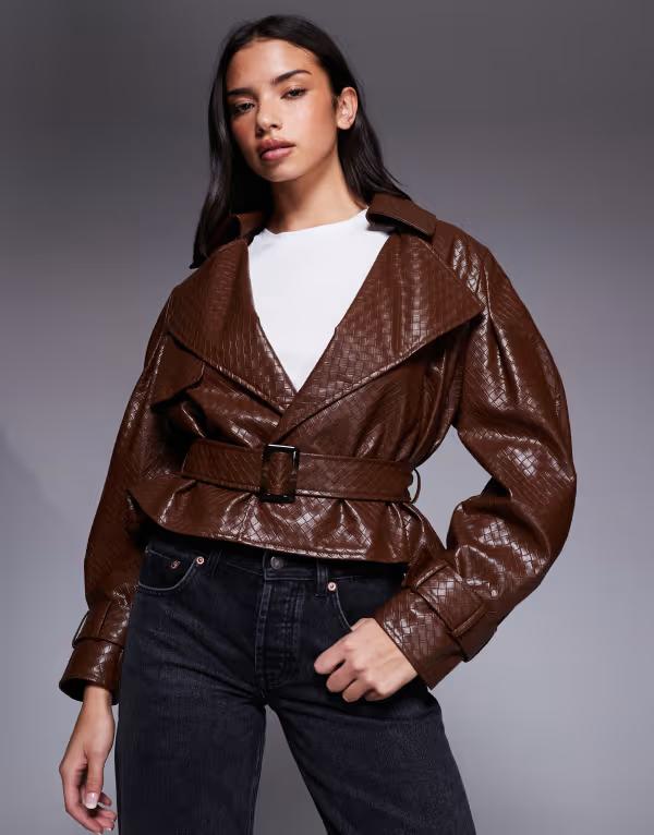 リバーアイランド レディース アウター ジャケット・ブルゾン コート クロップド レザー フェイクレザー River Island faux leather woven belted cropped trench coat in light BROWN ブラウン
