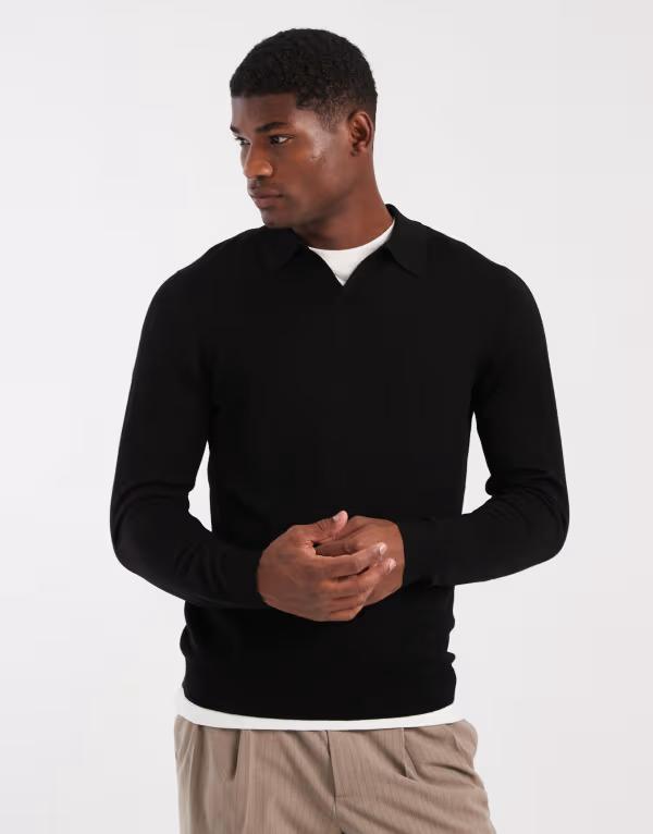 エイソス メンズ トップス ポロシャツ ウール ニット ASOS DESIGN knit long sleeve pure merino wool notch neck polo shirt Black ブラック｜ReVida 店 17,626円
