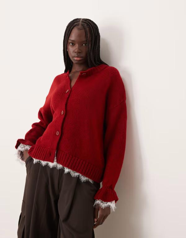 エイソス レディース アウター カーディガン レース ニット ASOS DESIGN knit cardigan with lace inserts buttons Burgundy バーガンディ