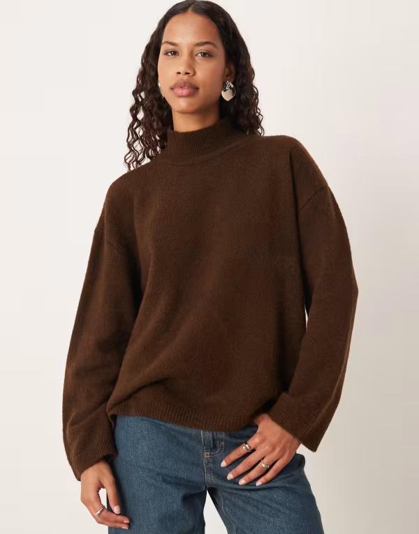 エイソス レディース アウター 編み物・プルオーバー 照明ランプのど首 ASOS DESIGN longline sweater with funnel neck インチ chocolate 黒茶 セーター-レディースファッション