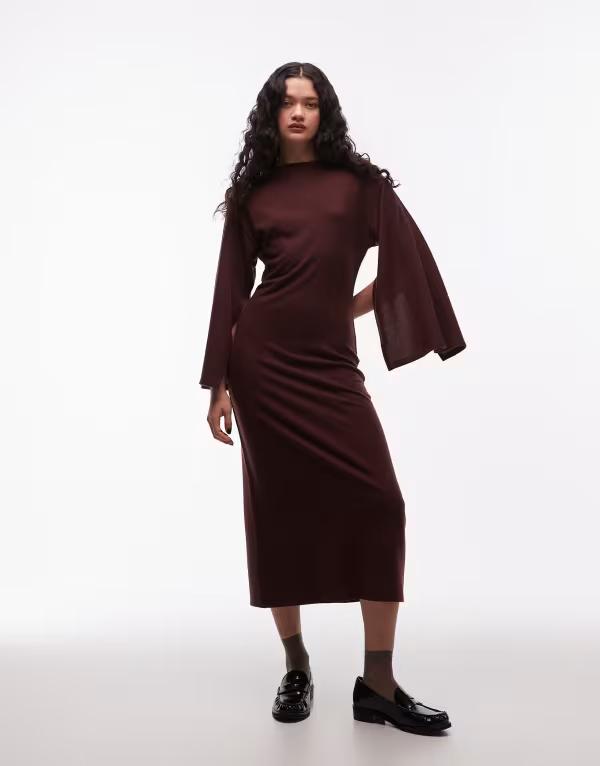 エイソス レディース トップス ワンピースタンドネック ミディ ASOS DESIGN supersoft funnel neck wide sleeves midi dress in chocolate チョコレート
