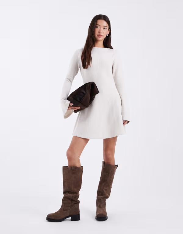 エイソス レディース トップス ワンピース ミニ ASOS DESIGN super soft fluted sleeve mini dress in cream クリーム