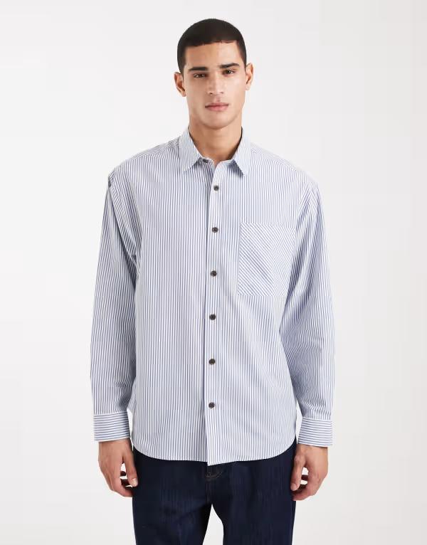 エイソス メンズ トップス シャツ ASOS DESIGN oversized striped shirt BLUE ブルー