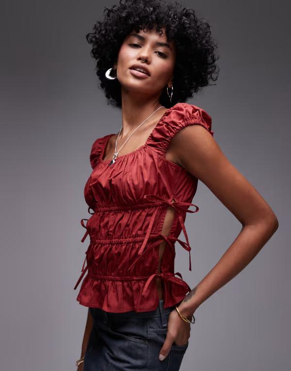 とっ始め販売店 レディース トップス プルオーバー ティアード ギャザー Topshop ruched tiered tie side top インチ rust RED 赤いこと