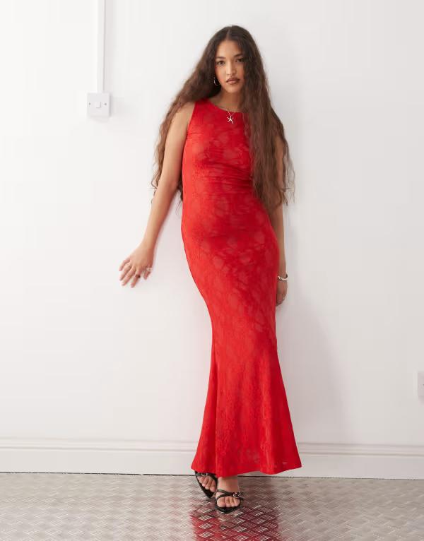 エイミー・リー レディース トップス ワンピース シアー レース マキシ Amy Lynn sheer lace maxi slip dress Red レッド