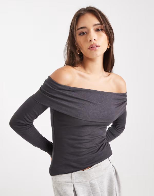 ミスセルフフリッジ レディース トップス プルオーバー 編み物 Misselfridge fine knit off the shoulder top インチ charcoal 濃灰色