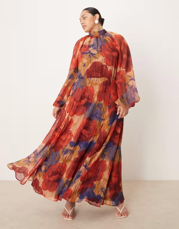 エイソス レディース トップス ワンピース ハイネック フラワー柄 プリーツ プリント マキシ フラワー ASOS Curve ASOS DESIGN Curve crinkle pleated blouson sleeve high neck maxi dress blue floral print Red blue floral ブルー