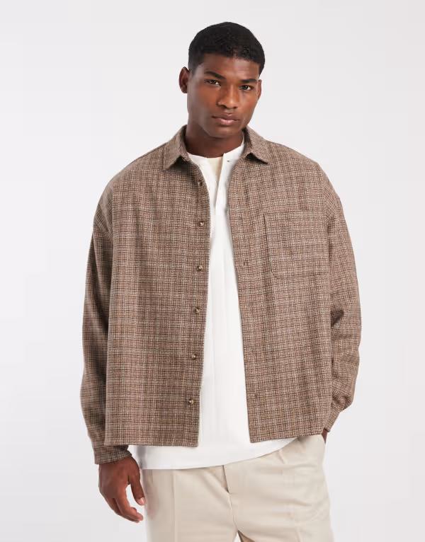 エイソス メンズ トップス プルオーバー 羊毛 ASOS DESIGN volume oversized wool blend shirt BROWN 赤銅色