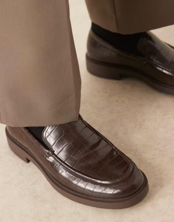 エイソス メンズ シューズ スリッポン・ローファー プリント ASOS DESIGN loafers faux-croc print BROWN ブラウン