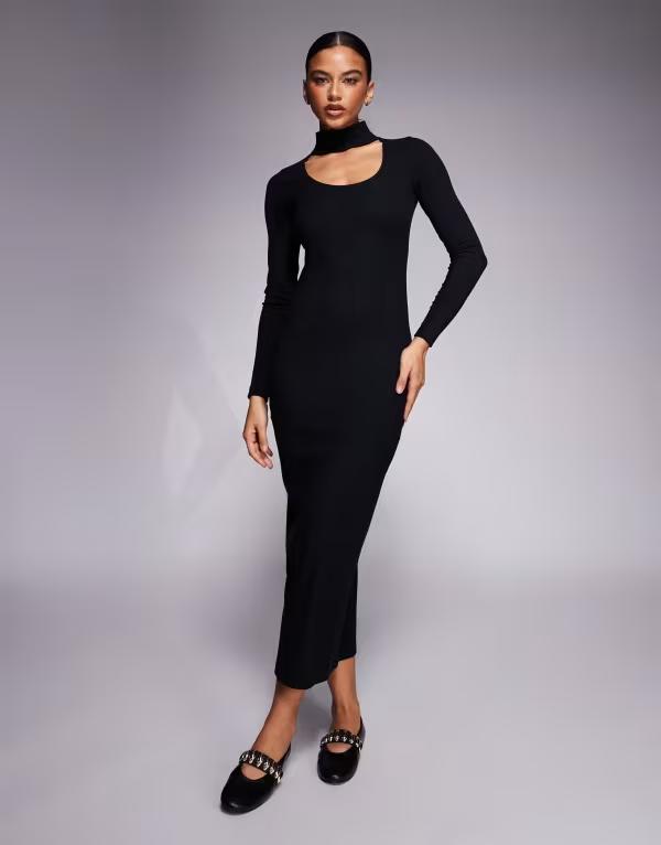 エイソス レディース トップス ワンピース リブ ミディ ASOS DESIGN ribbedouble layer midi dress with choker detail Black ブラック