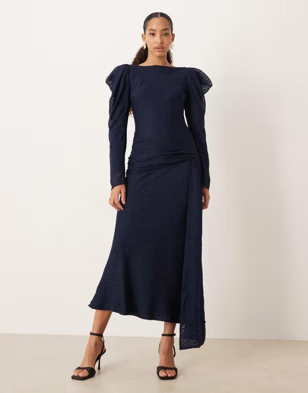 エイソス レディース トップス 衣装 ドレープリント マキシ ASOS DESIGN drape shoulder maxi dress textured print NAVY 米国海軍