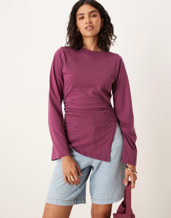 エイソス レディース トップス シャツ アシンメトリー ギャザー ASOS DESIGN asymmetric hem long sleeve ruched side top in fig