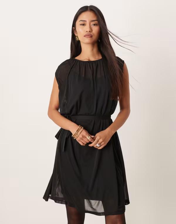 ヴィラ レディース トップス ワンピース シフォン ミニ VILA tie waist chiffon mini dress Black beauty ブラック｜ReVida 店