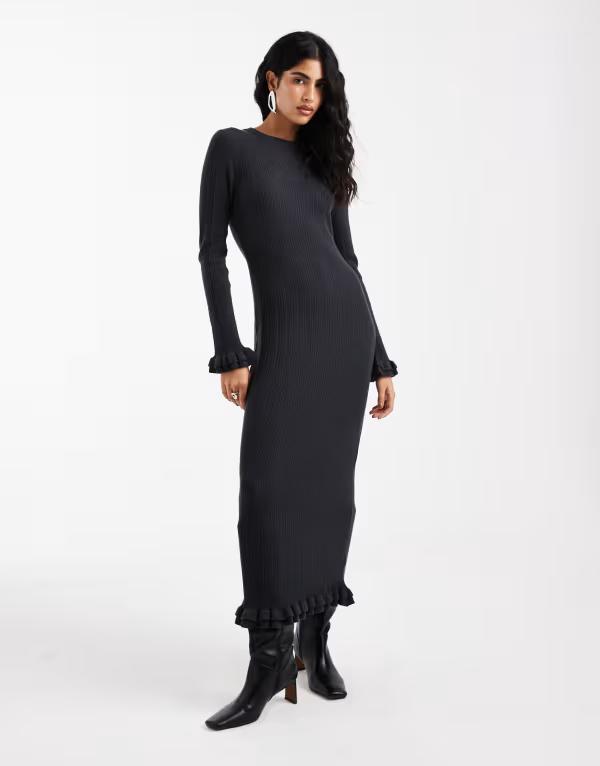 エイソス レディース トップス ワンピース リブニット マキシ ASOS DESIGN rib knit frill sleeve maxi dress in charcoal チャコール｜ReVida 店
