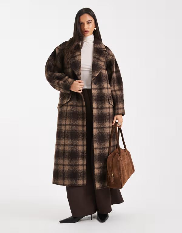 エイソス レディース アウター 厚地の外套 ASOS DESIGN textured formal coat plaid Brown check 赤銅色