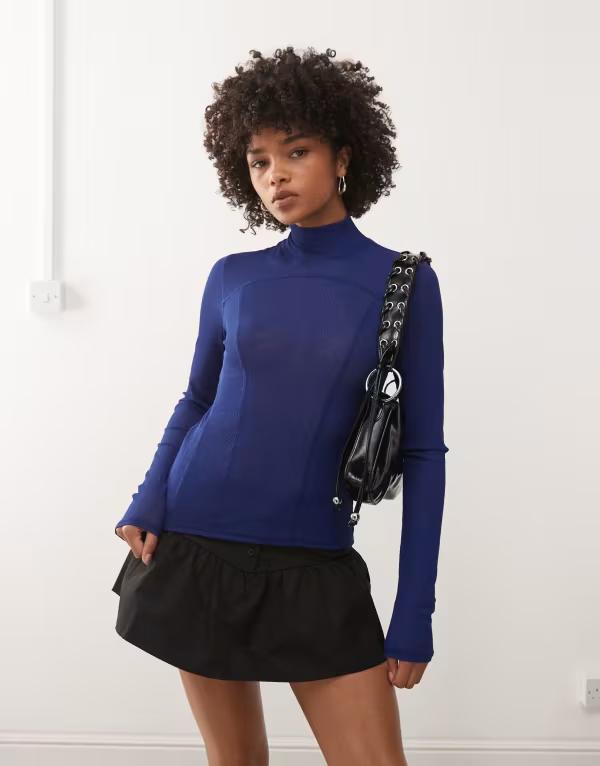 ウィークデイ レディース トップス Tシャツ ハイネック メッシュ Weekday high neck mesh long sleeve top in bright blue ブルー