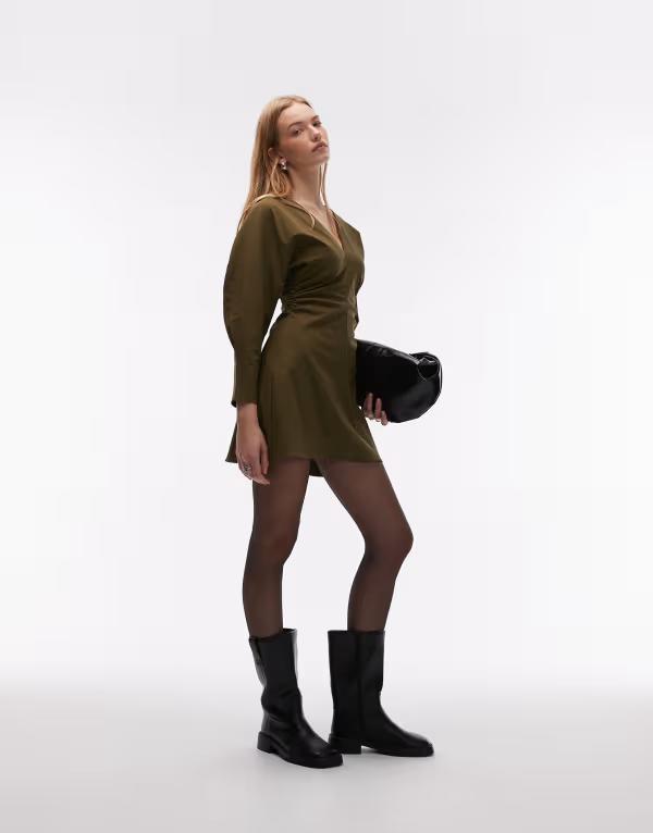 エイソス レディース トップス ワンピース Vネック ギャザー ミニ ASOS DESIGN v-neck ruched bengaline mini dress OLIVE オリーブ｜ReVida 店