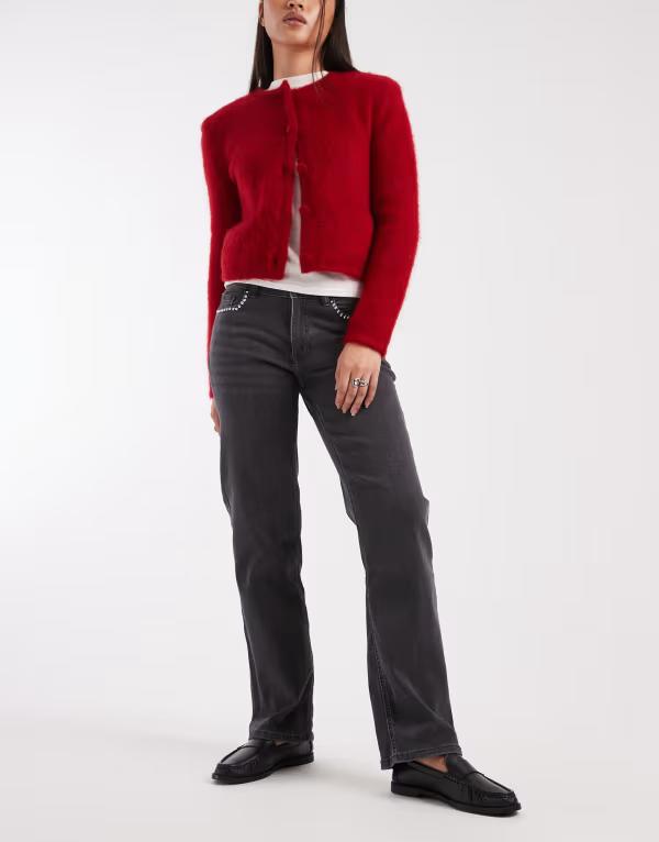 マンゴ レディース ボトムス デニムパンツ ストレート Tシャツ ジーンズ Mango Teen straight leg jeans with stud pocket detail in washed Black ブラック