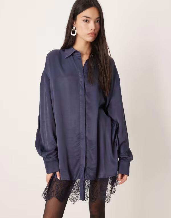 エイソス レディース トップス 衣装 ミニ プルオーバー 繻子 ASOS DESIGN satin shirt mini dress withigh low curved hem インチ deep Navy 米国海軍