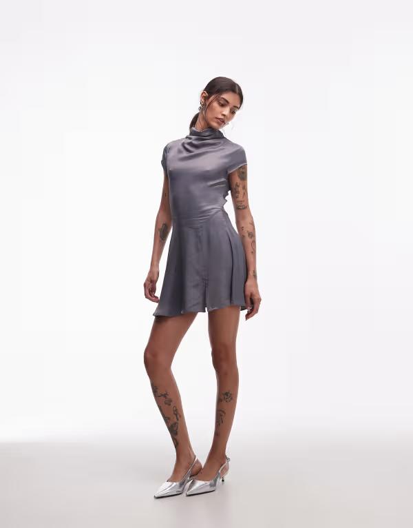 エイソス レディース トップス 衣装 ミニ 繻子 ASOS DESIGN cowl neck satin mini dress Gray 薄墨色