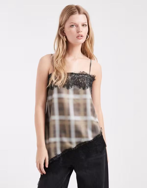 エイソス レディース トップス シャツ アシンメトリー レーストリム サテン レース ASOS DESIGN satin lace trim asymmetricami top in plaid Check チェック