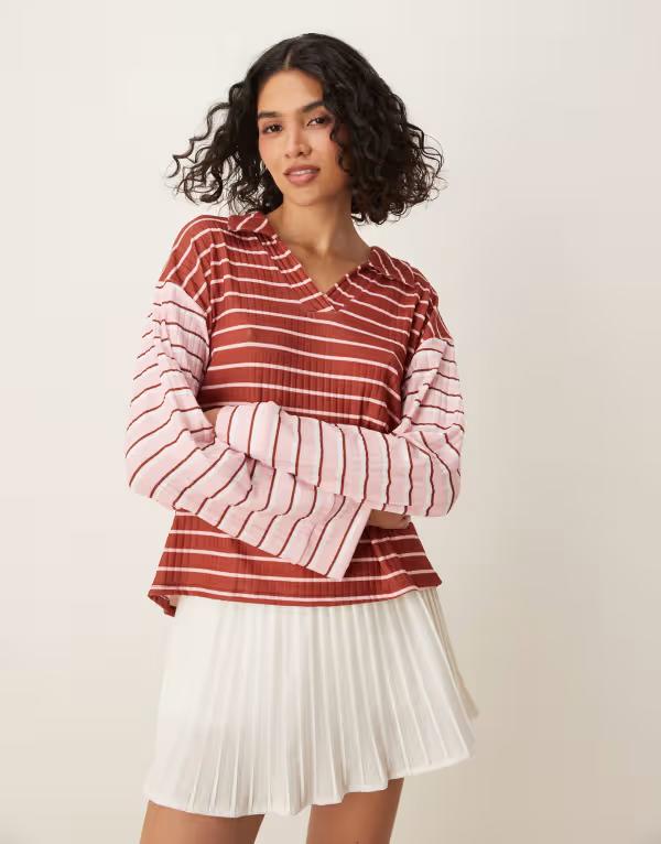 エイソス レディース トップス Tシャツ ASOS DESIGN long sleeve rugby collar top in mixed stripe Multi マルチカラー