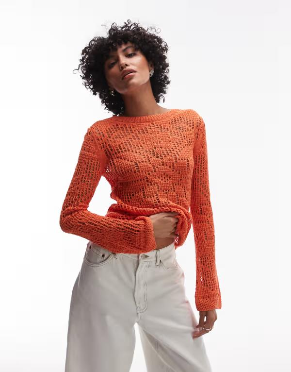 トップショップ レディース トップス Tシャツ レース ニット Topshop knit slash neck lace long sleeve top in orange オレンジ