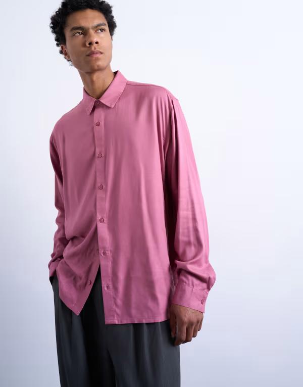 トップマン メンズ トップス シャツ リラックスフィット Topman relaxed fit viscose twill shirt in mauve PINK ピンク
