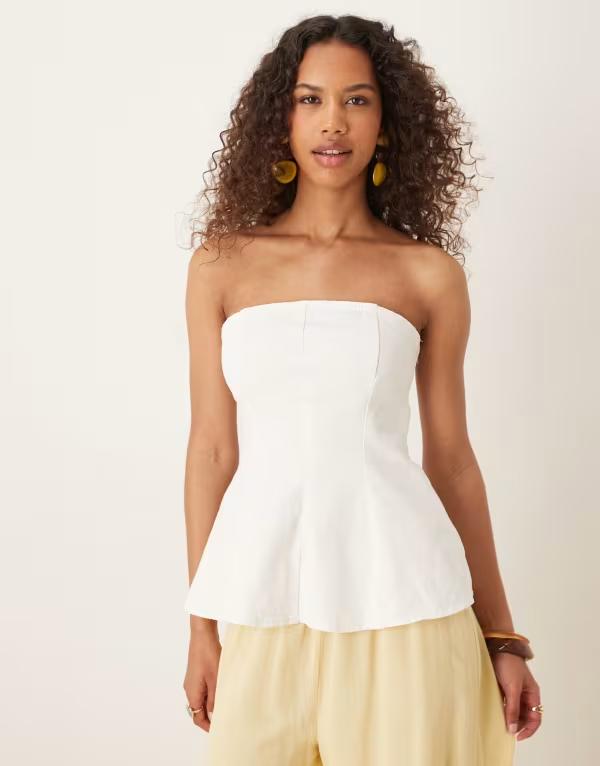 エイソス レディース トップス シャツ デニム ASOS DESIGN denim structured peplum bandeau top WHITE ホワイト