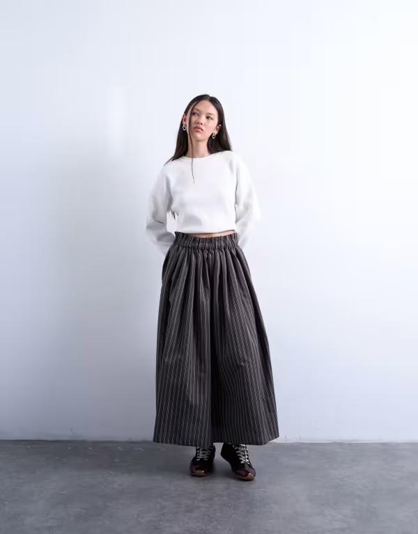 とっ始め販売店 レディース 下つ方スコート マキシ Topshopaper bag full circle maxi skirt stripes BROWN 赤銅色