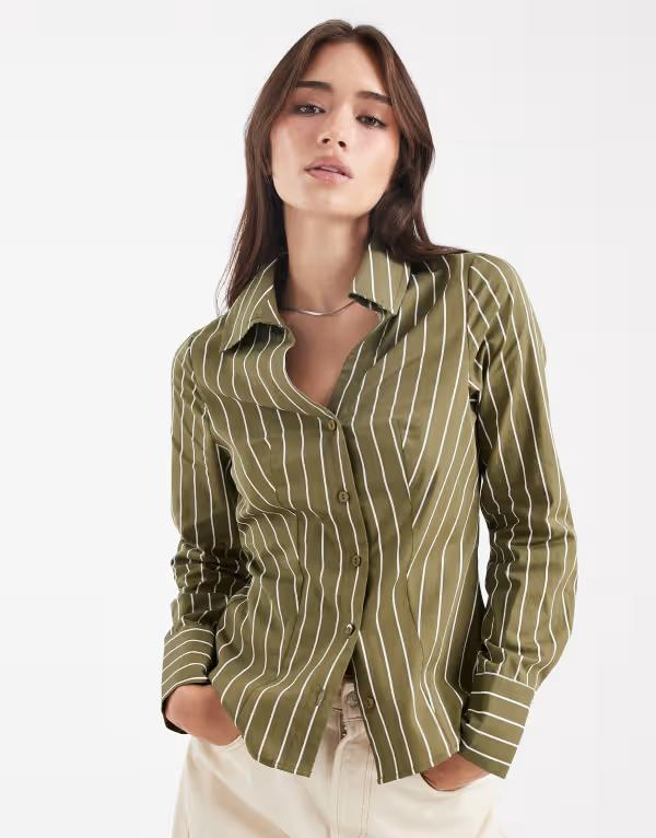 ミスセルフフリッジ レディース トップス シャツ Misselfridge poplin fitted shirt in olive stripe Olive stripe オリーブ