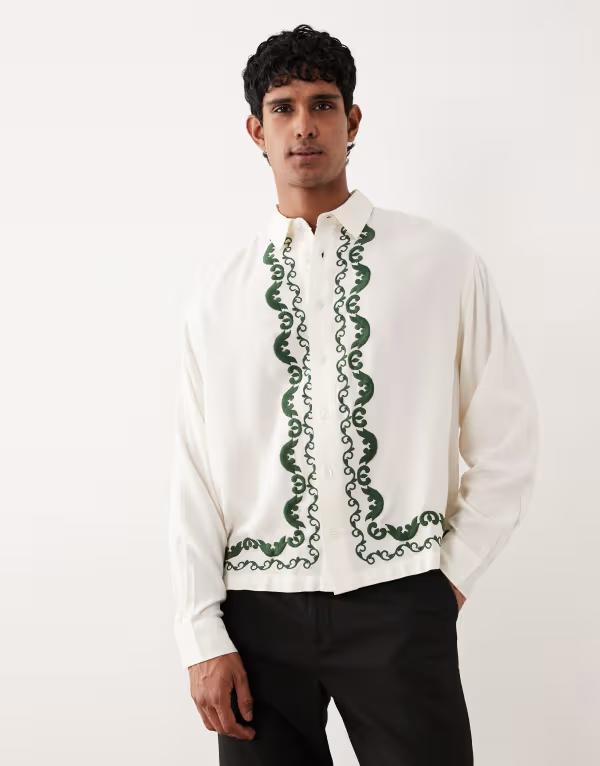 エイソス メンズ トップス シャツ ASOS DESIGN boxy oversized shirt with border embroidery BEIGE ベージュ 9,360円