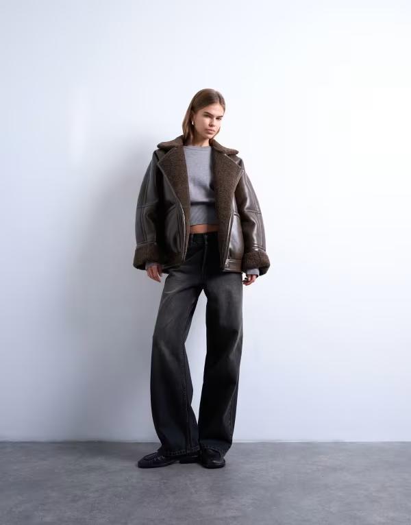 とっ始め販売店 レディース アウター 上衣・上衣 ヴィンテージ Topshop vintage washearling aviator bomber jacket インチ chocolate 黒茶