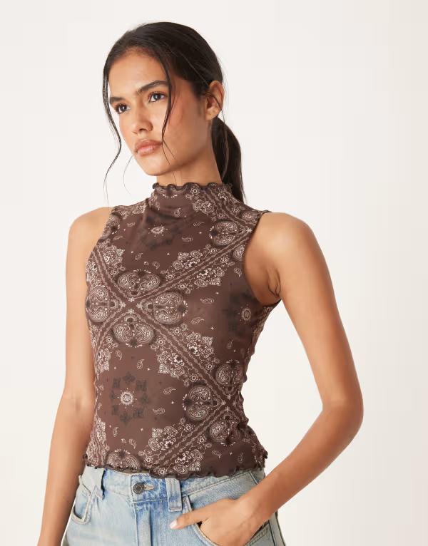 エイソス レディース トップス タンクトップリント メッシュ ASOS DESIGN mesh lettuce hem tank top scarf print Scarf print ブラウン