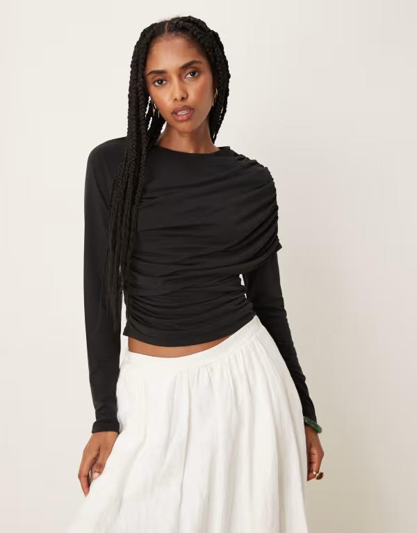 エイソス レディース トップス Tシャツ ASOS DESIGN modal wrap detailong sleeve tee Black ブラック