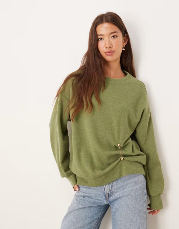 エイソス レディース トップス Tシャツ ASOS DESIGN Supersoft cinched trim detailong sleeve top Khaki カーキ