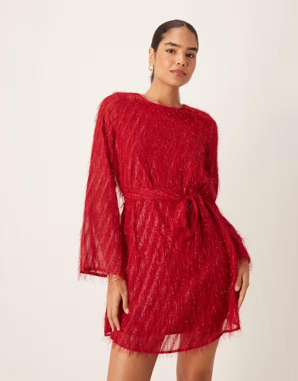 離宮 レディース トップス 衣装 ミニ Vila fluffy textured tie waist mini dress Racing red 赤いこと