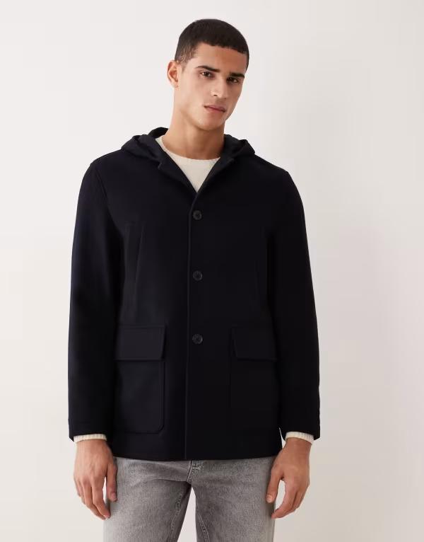 マンゴ メンズ アウター 厚地の外套 羊毛 Mango wool mix mid length coat withood NAVY 米国海軍