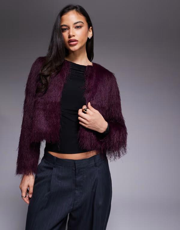 リバーアイランド レディース アウター ジレー 編み物 上衣 River Island faux fur knit jacket burgundy バーガンディ